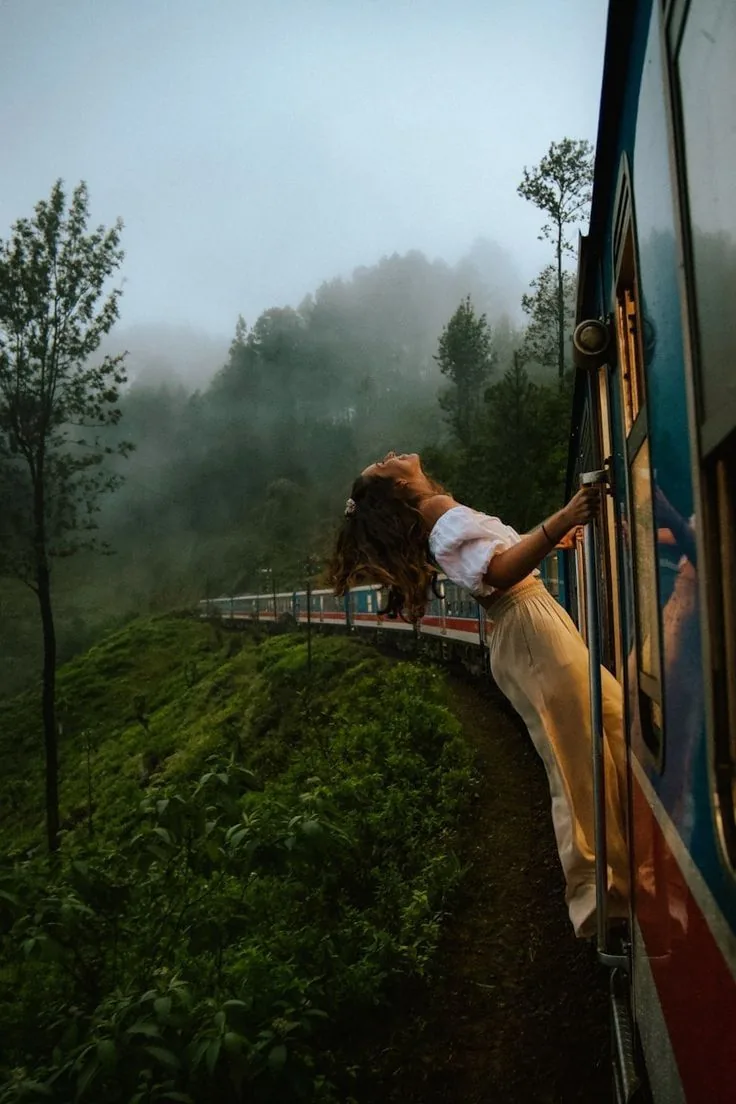 A traveller looking out from a train in the misty Sri Lankan hill country
