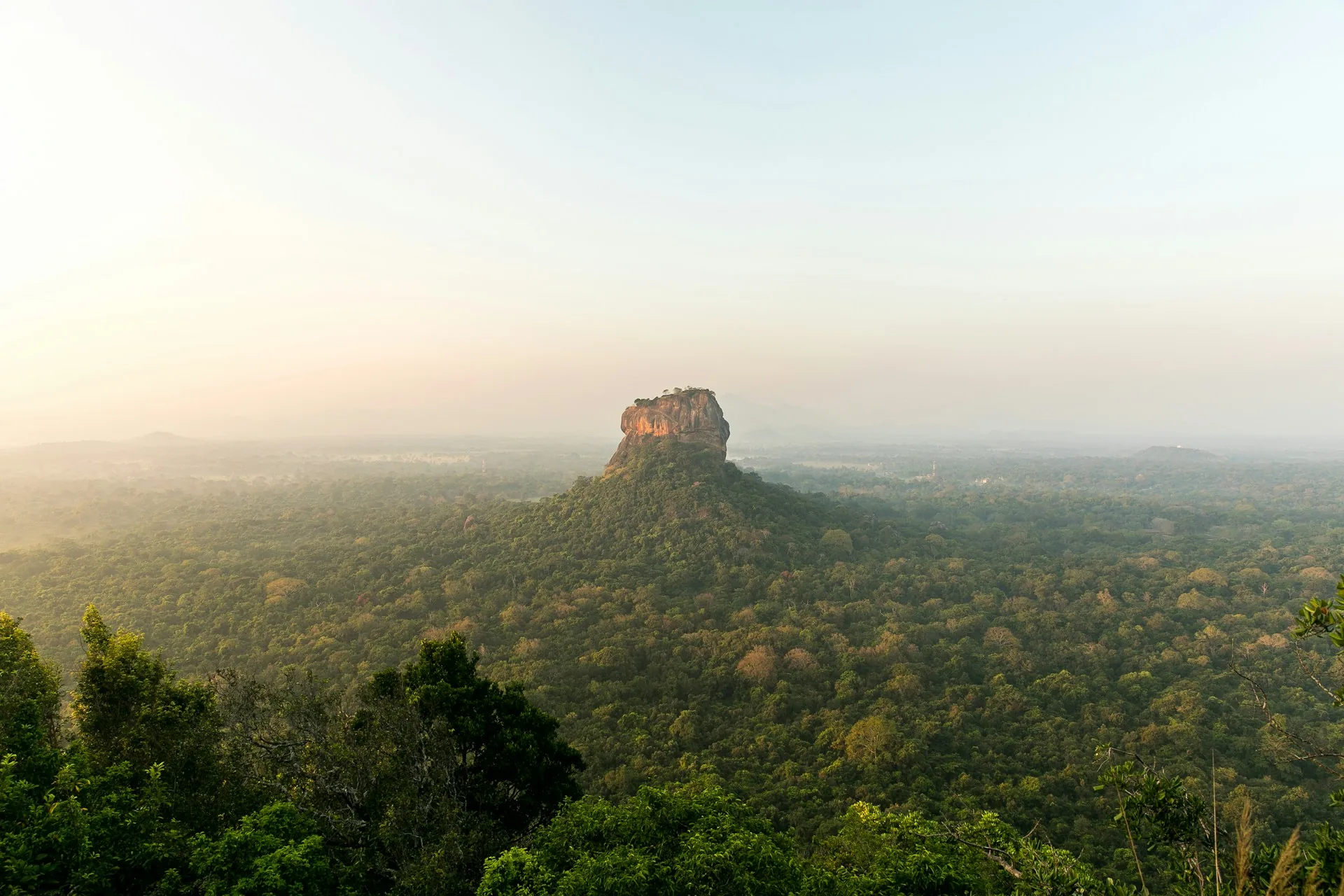 Sigiriya rock fortress rising above the forest in soft morning light